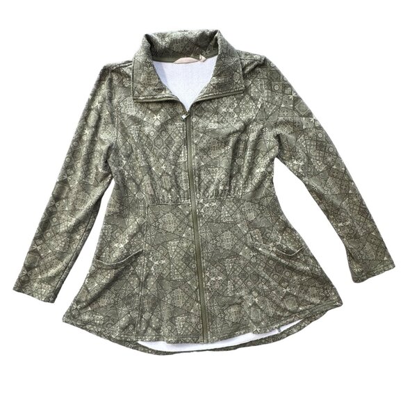 Soft Surroundings Women Olive Green Patterned Zip-Up Long Sleeve Top/Jacket Sz S - Picture 1 of 8